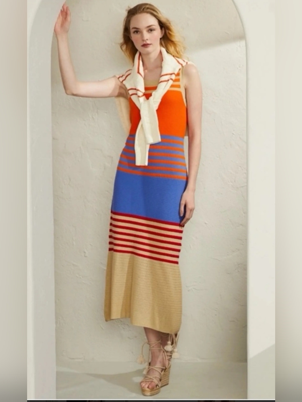 Etcetera Orange Blue Red Striped Knit Midi Dress with Cream Hem Size Medium